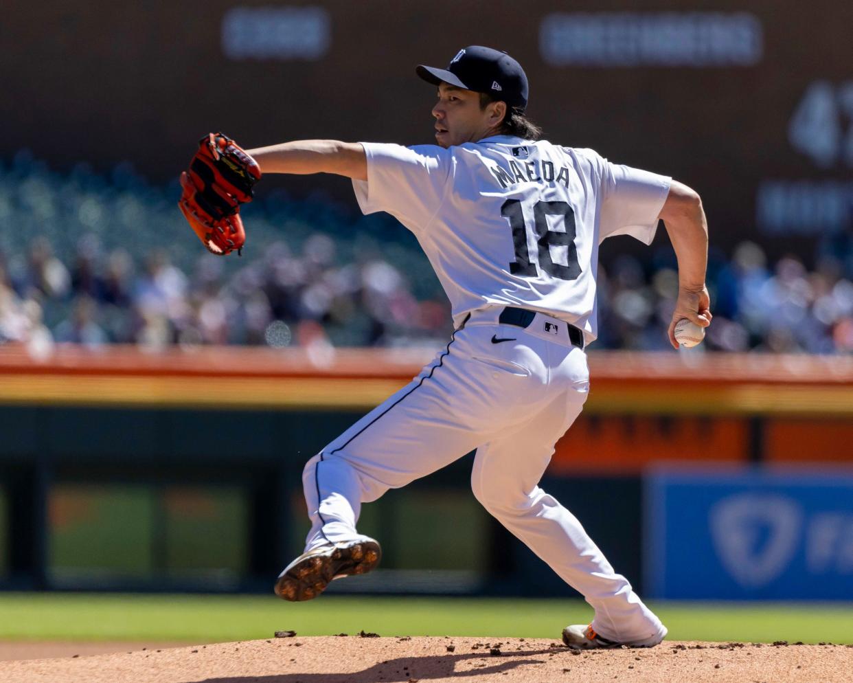 Tigers pitcher Kenta Maeda throws in the in the first inning of Game 1 of the doubleheader on Saturday, April 13, 2024, at Comerica Park.