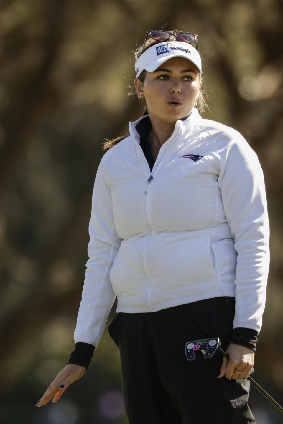 Alexa Pano reacts to herputt on ninth green during the final round of the Hilton Grand Vacations Tournament of Champions LPGA golf tournament in Orlando, Fla., Sunday, Jan. 21, 2024. (AP Photo/Kevin Kolczynski)