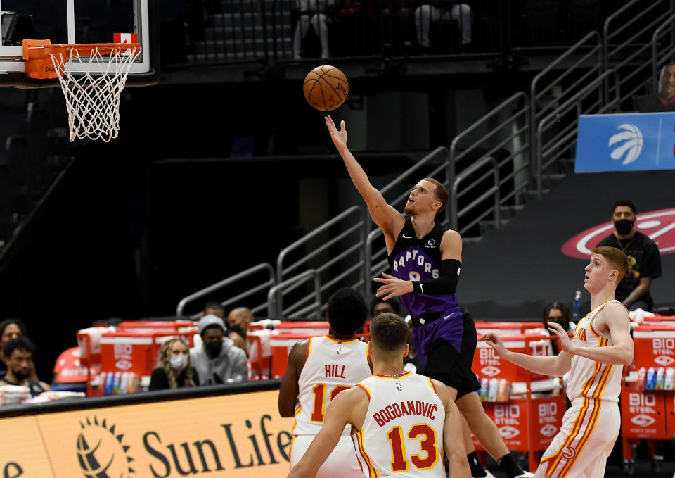 Apr 13, 2021; Tampa, Florida, USA; Toronto Raptors guard Malachi Flynn (8) shoots the ball during the second quarter against the Atlanta Hawks at Amalie Arena. Mandatory Credit: Jonathan Dyer-USA TODAY Sports