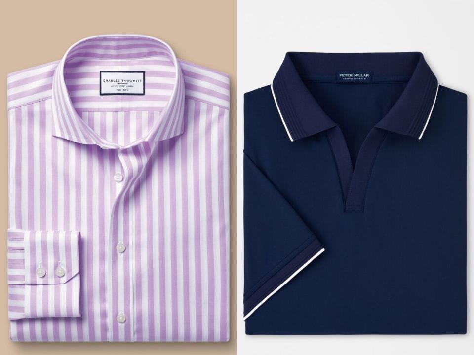 A composite image of a striped Charles Tyrwhitt button-up shirt and a navy Peter Millar shirt.