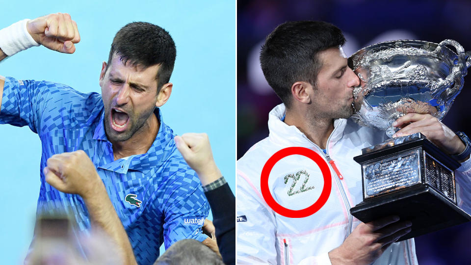 Pictured right, Novak Djokovic wears a jacket with the number 22 printed on it after the Australian Open final. 