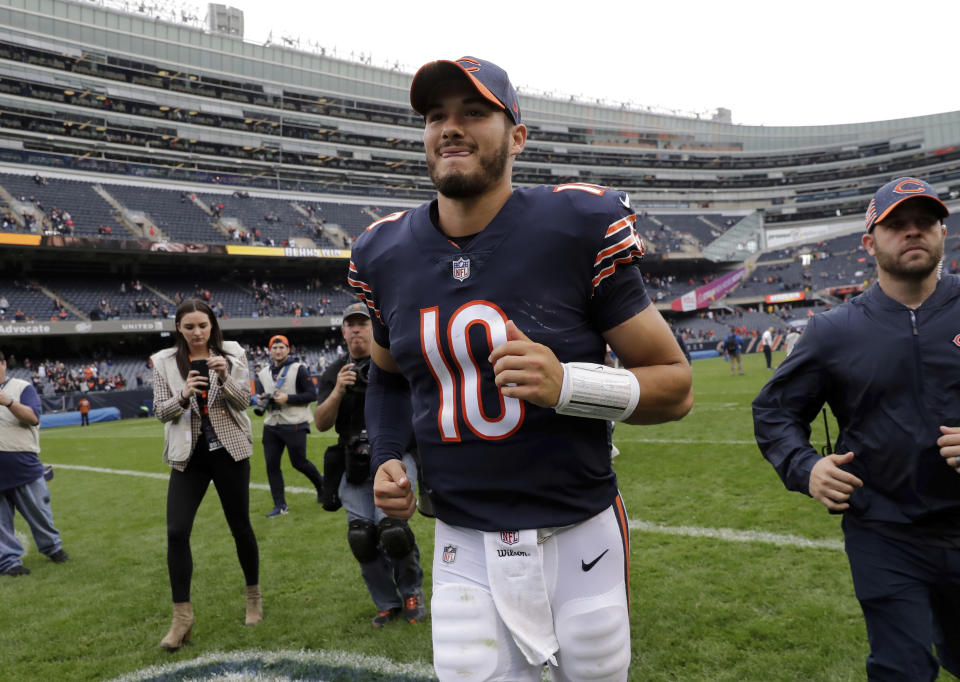 Chicago Bears quarterback Mitchell Trubisky (10) runs off the field after an NFL football game against the Tampa Bay Buccaneers Sunday, Sept. 30, 2018, in Chicago. The Bears won 48-10. (AP Photo/Nam Y. Huh)