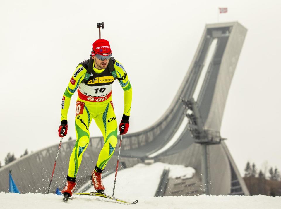 Winner Jakov Fak from Slovenia competes in the men's IBU Biathlon World Cup sprint 10 km in the Holmenkollen Ski Arena in Oslo, Thursday, March 20, 2014. (AP Photo/Erlend Aas/NTB scanpix) NORWAY OUT