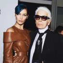 <p>Bella Hadid (and her blue hair) gush over Karl Lagerfeld after walking for Fendi.<em> [Photo: Bella Hadid/ Instagram]</em> </p>