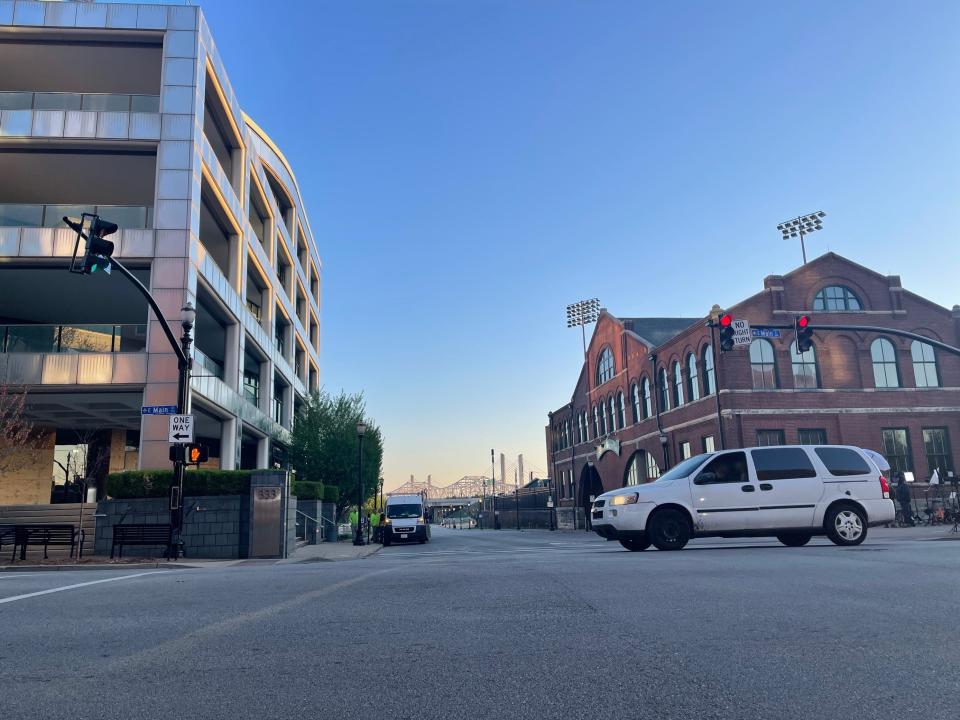 The scene outside the Old National Bank in downtown Louisville on Tuesday, April 11, 2023.  Five people were killed Monday when a former employee opened fire inside the office.  He was shot and killed by police.