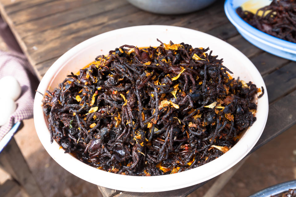 A dish of fried spiders in Skun market, cambodia