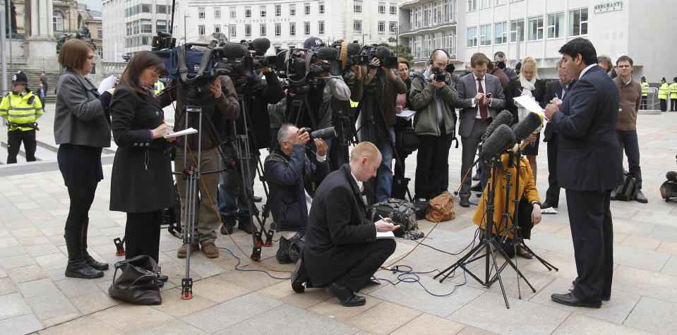 Alias Yousaf, solicitor for Adil Khan, speaks to the media outside Liverpool Crown Court, where nine Asian men were jailed for their part in a child sex ring which exploited vulnerable teenage girls.