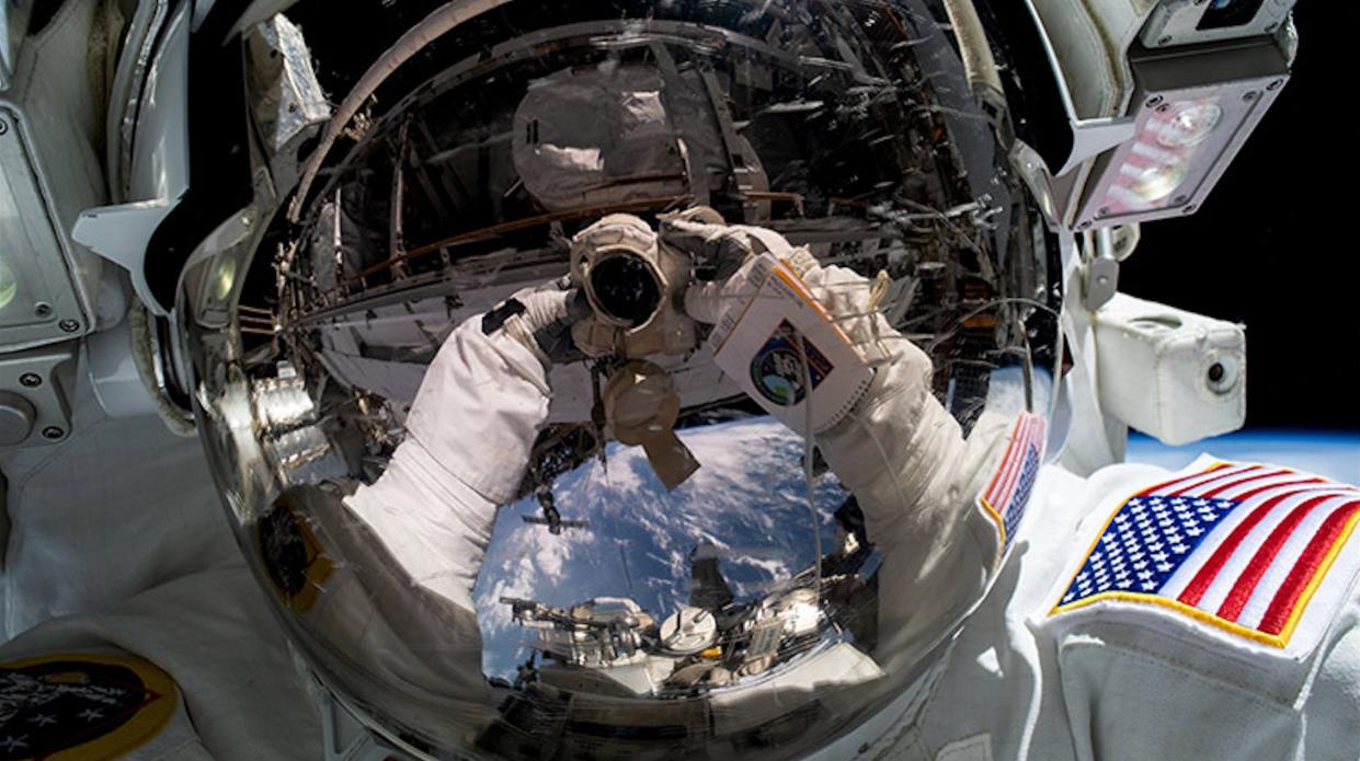  NASA astronaut Woody Hoburg snaps a selfie during a spacewalk outside the International Space Station on June 9, 2023. 