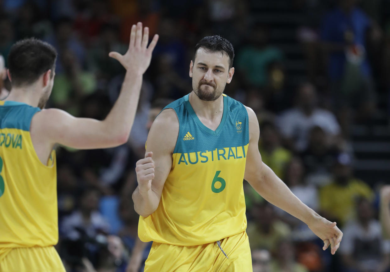 Andrew Bogut played in the Olympics for Australia’s national team in 2004, 2008 and 2016. He was injured in 2012. (AP)