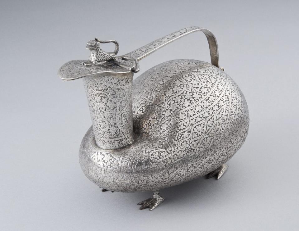 In this 2010 photo provided by the Museum of Arts and Design, a silver pitcher from late 19th Century Kashmir is shown. The picture is among the artifacts from the estate of the of the late philanthropist and art collector Doris Duke that are featured in an exhibit entitled “Doris Duke's Shangri La: Architecture, Landscape and Islamic Art,” at the Museum of Arts and Design in New York. The exhibit runs through Jan. 6, 2013. (AP Photo/Museum of Arts and Design, Doris Duke Foundation for Islamic Art, David Franzen)