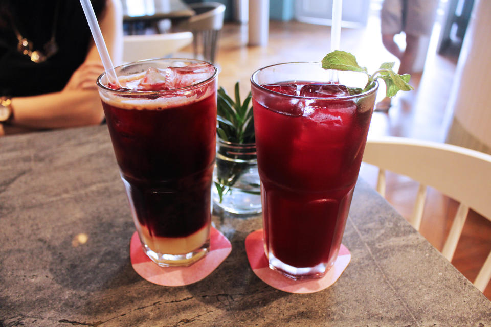 ABC cold pressed juice on the left and Roselle Hibiscus Iced Tea on the right