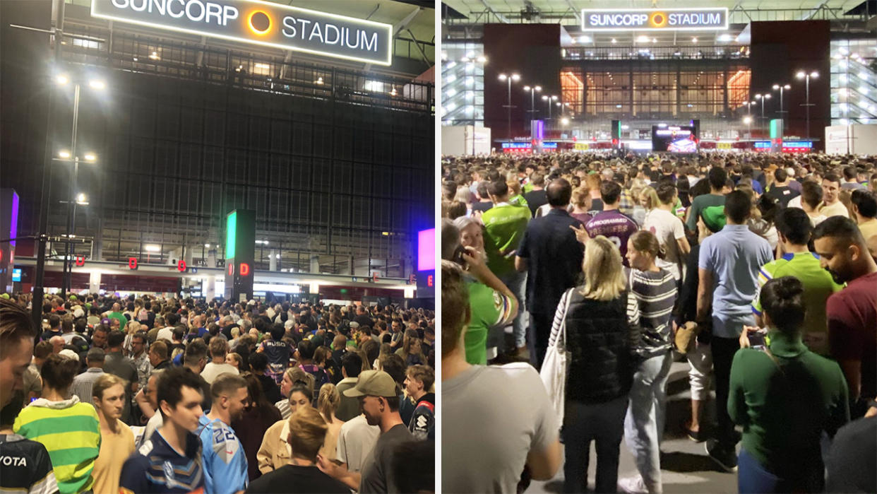 A 50-50 split image shows two shots of the large crowd outside Suncorp Stadium prior to Friday night's NRL preliminary final.