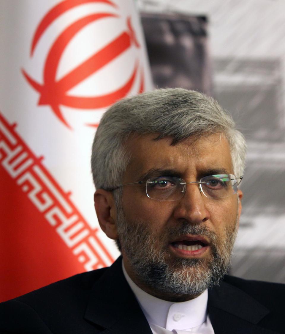 Iran's Chief Nuclear Negotiator Saeed Jalili speaks to The Associated Press after day-long talks with six world powers in Istanbul, Turkey, Saturday, April 14, 2012. (AP Photo/Burhan Ozbilici)