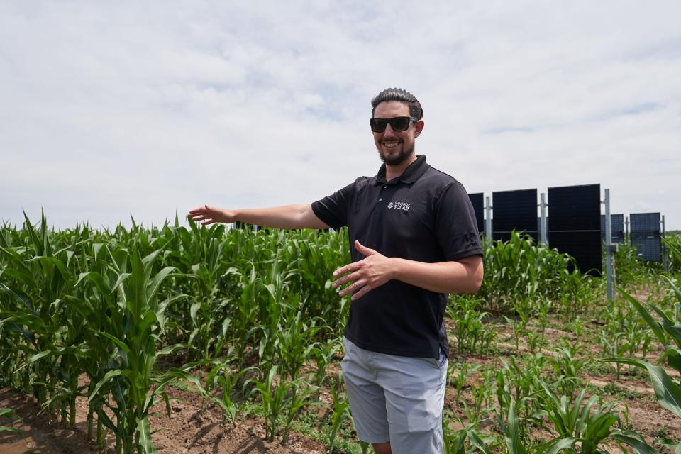 Ian Skor, owner and CEO of Sandbox Solar, shows solar panels installed on a Colorado State University research field located at 4300 E. County Road 50, Fort Collins, Colo., on July 15, 2024.