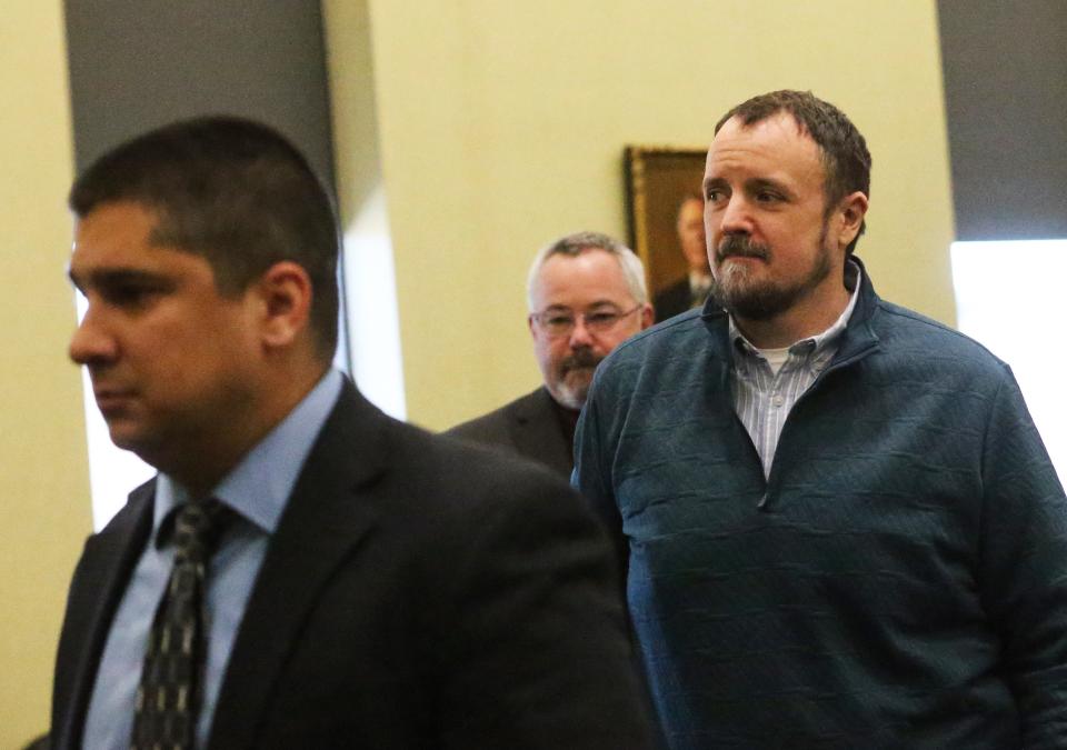 Defendant Timothy Verrill is seen during a break in his double murder trial in Strafford County Superior Court in Dover Friday, March 22, 2024.