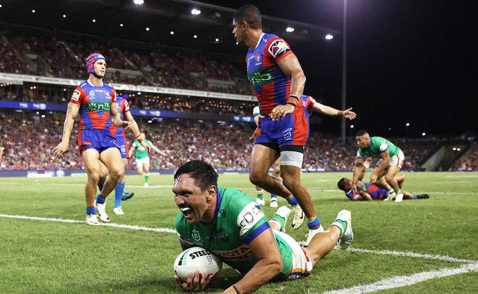 Jordan Rapana, pictured here scoring for Canberra against Newcastle.