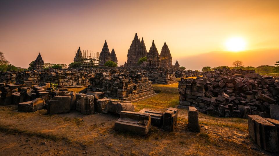 Dramatic and dynamic Sunset at Prambanan Temple of Yogyakarta.