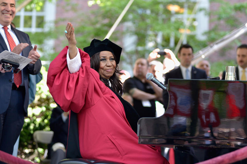 Aretha Franklin sings the national anthem at the 363rd commencement ceremony at Harvard University in 2014.