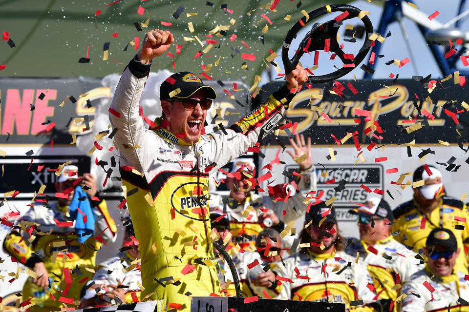 NASCAR Cup Series driver Joey Logano (22) celebrates his victory following the South Point 400 at Las Vegas Motor Speedway. Mandatory Credit: Gary A. Vasquez-USA TODAY Sports