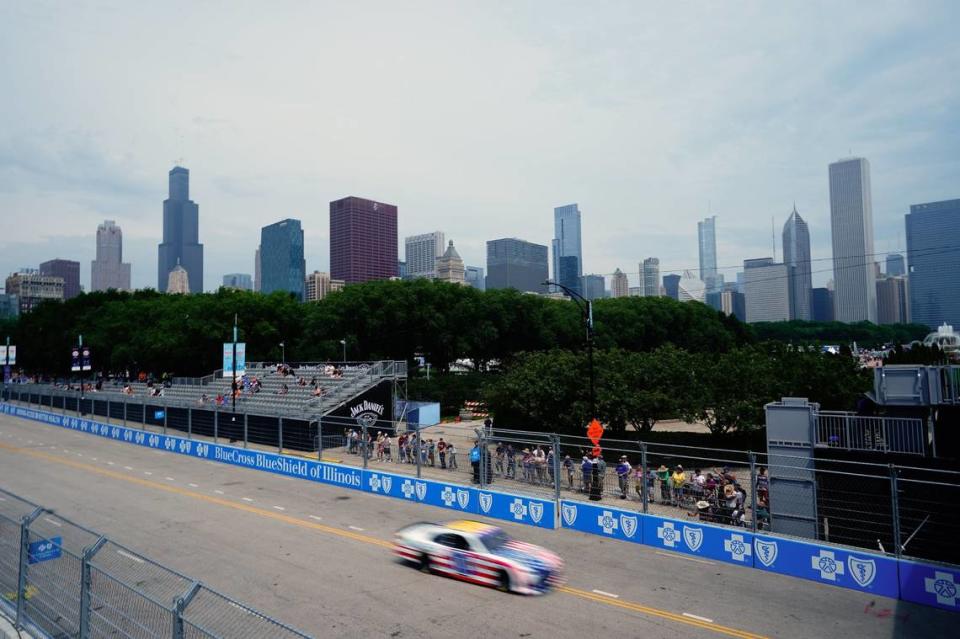 Jul 1, 2023; Chicago, Illinois, USA; A general view as Xfinity Series driver Justin Marks (10) drives along Grant Park during practice and qualifying for the Chicago Street Race. Mandatory Credit: Jon Durr-USA TODAY Sports