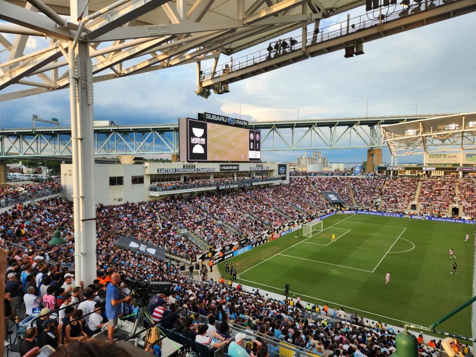 The crowd is split between pink Inter Miami and blue Philadelphia Union jerseys as Lionel Messi plays in a Leagues Cup match Tuesday, Aug. 15, 2023 at Subaru Park, Chester, Pa.