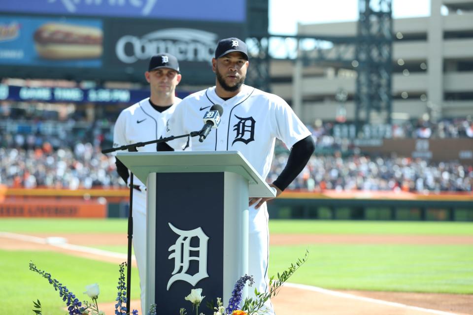 Eduardo Rodriguez talks about playing with Detroit Tigers designated hitter Miguel Cabrera (24) during pregame ceremonies at Comerica Park in Detroit on Saturday, Sept. 30, 2023.