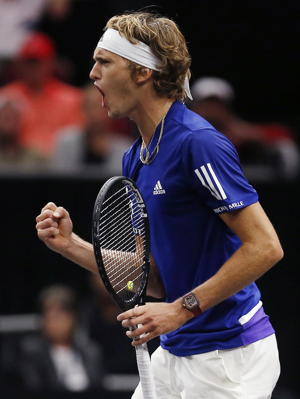 Team Europe's Alexander Zverev celebrates a point against Team World's Kevin Anderson during a men's singles tennis match at the the Laver Cup, Sunday, Sept. 23, 2018, in Chicago. (AP Photo/Jim Young)