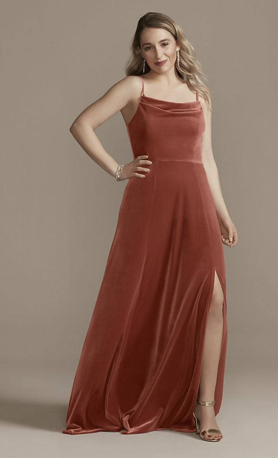 David's Bridal Velvet Cowl Neck Spaghetti Strap Bridesmaid Dress in Cinnamon (Photo via David's Bridal)