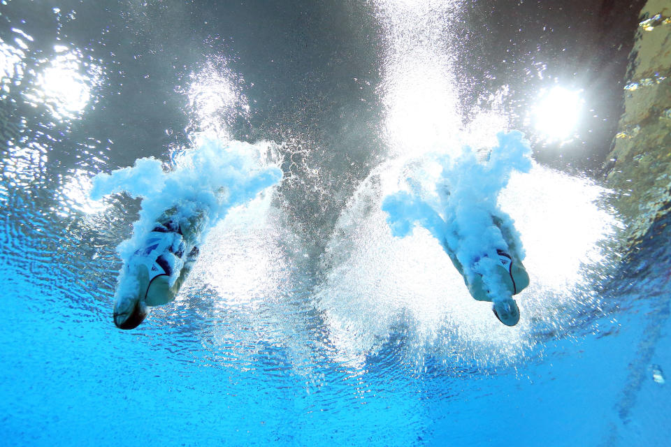 LONDON, ENGLAND - JULY 29: Rebecca Gallantree and Alicia Blagg of Great Britain compete in the Women's Synchronised 3m Springboard final on Day 2 of the London 2012 Olympic Games at the Aquatics Centre at Aquatics Centre on July 29, 2012 in London, England. (Photo by Al Bello/Getty Images)