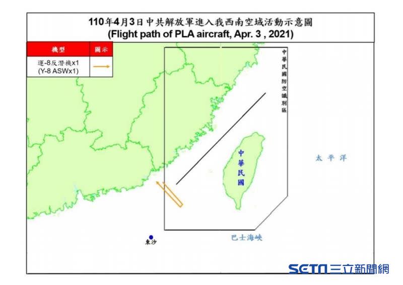 根據空軍公布圖資顯示，運8反潛機自中國廣東、福建省交界處外海一帶，飛入我國西南空域深處。（圖／國防部提供）
