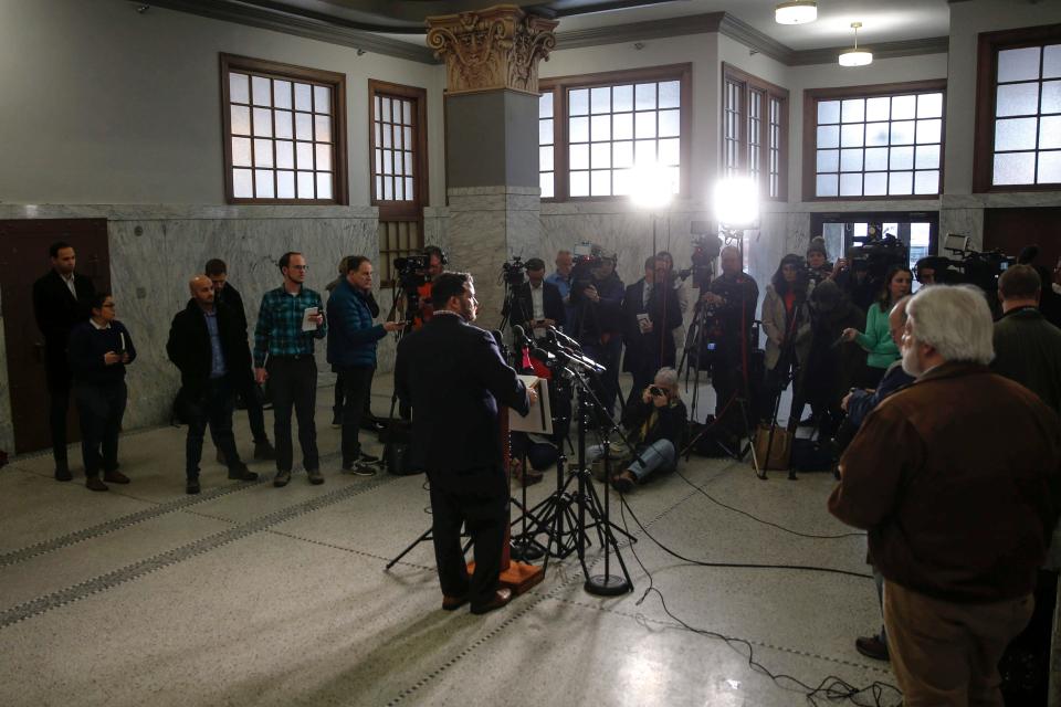 Iowa Democratic Party Chairman Troy Price speaks to members of the media.