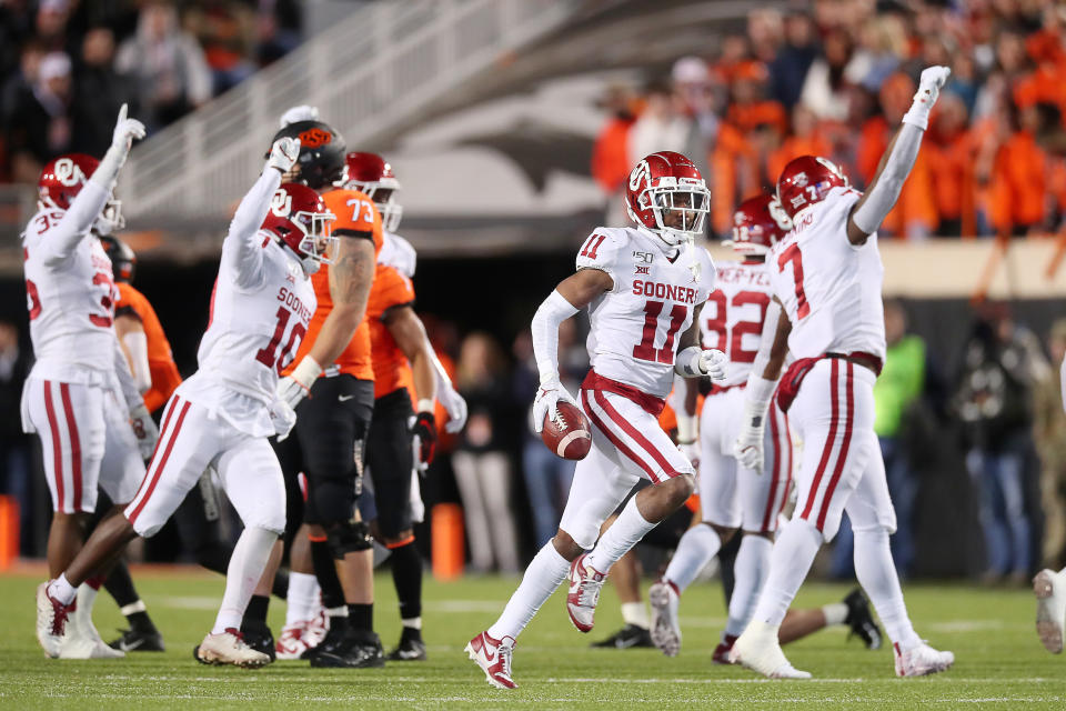 Oklahoma CB Parnell Motley (11) had two takeaways against Oklahoma State in Stillwater. (Photo by David Stacy/Icon Sportswire via Getty Images)