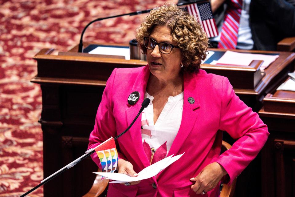 Sen. Claire Celsi, D-West Des Moines, speaks during debate of amendments for SF 579, a 'fetal heartbeat' abortion ban, at the Iowa State Capitol on Tuesday, July 11, 2023, in Des Moines. 