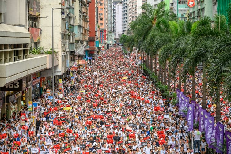 <span class="caption">Protests in Hong Kong, June 9 2019.</span> <span class="attribution"><a class="link " href="https://www.shutterstock.com/image-photo/hong-kong-june-9-2019-protect-1420690007" rel="nofollow noopener" target="_blank" data-ylk="slk:PaulWong/Shutterstock;elm:context_link;itc:0;sec:content-canvas">PaulWong/Shutterstock</a></span>