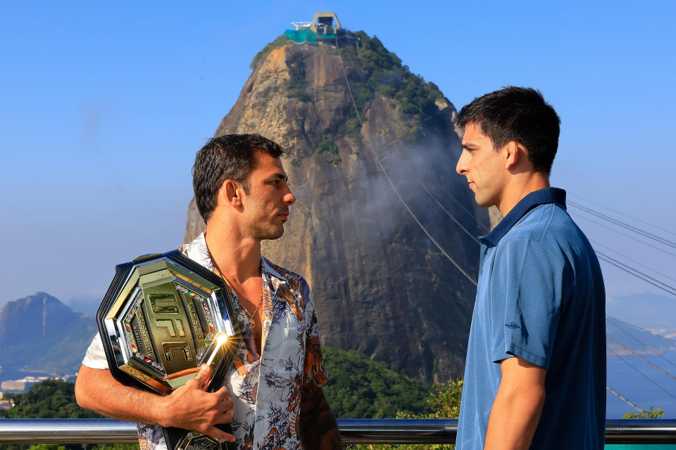 RIO DE JANEIRO, BRAZIL - ABRIL 29: Opponents Alexandre Pantoja of Brazil and Steve Erceg of Australia face off prior to the UFC 301 at Sugar Loaf on April 29, 2024 in Rio de Janeiro, Brazil.  (Photo by Buda Mendes/Zuffa LLC)