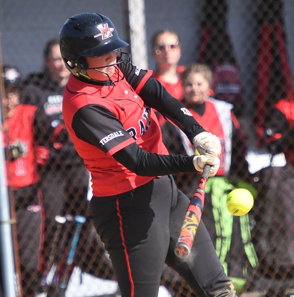 Meyersdale's Shelby Hetz rips a first-inning RBI double against Shade during a WestPAC softball game, Thursday, in Cairnbrook.