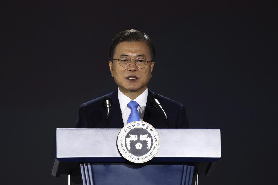 South Korean President Moon Jae-in speaks during the celebration of 75th anniversary of the Liberation Day at Dongdaemun Design Plaza in Seoul Saturday, Aug. 15, 2020. (Chung Sung-jun/Pool Photo via AP)