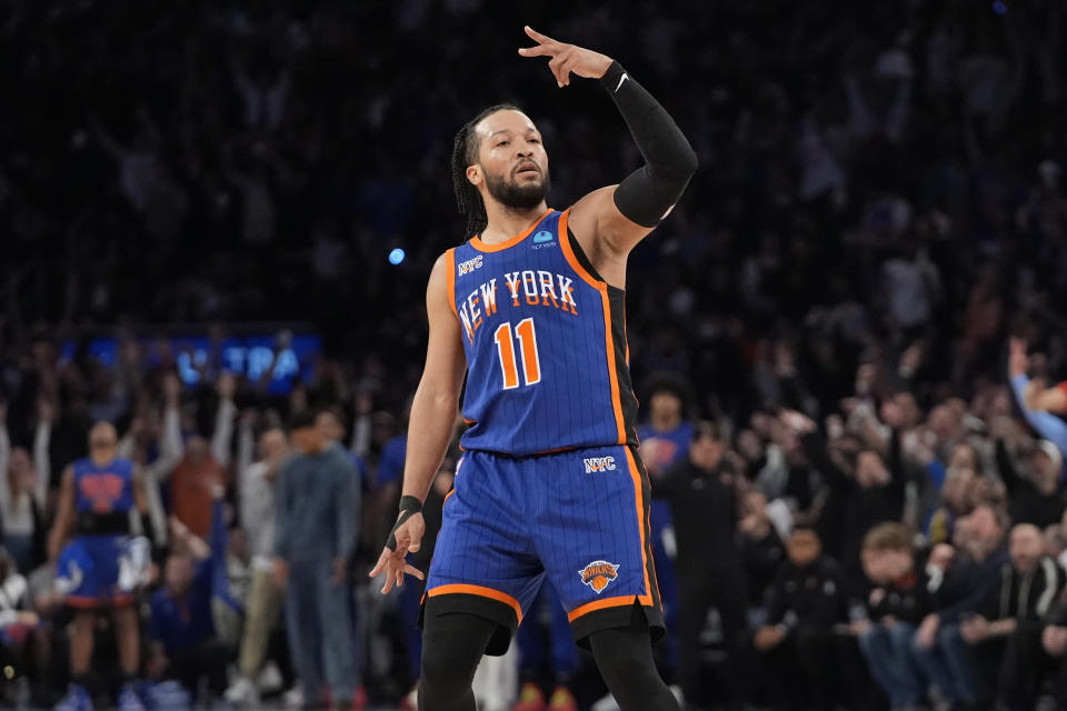 New York Knicks' Josh Hart (3) gestures after making a three-point shot during the second half of Game 5 in an NBA basketball first-round playoff series against the Philadelphia 76ers, Tuesday, April 30, 2024, in New York. (AP Photo/Frank Franklin II)
