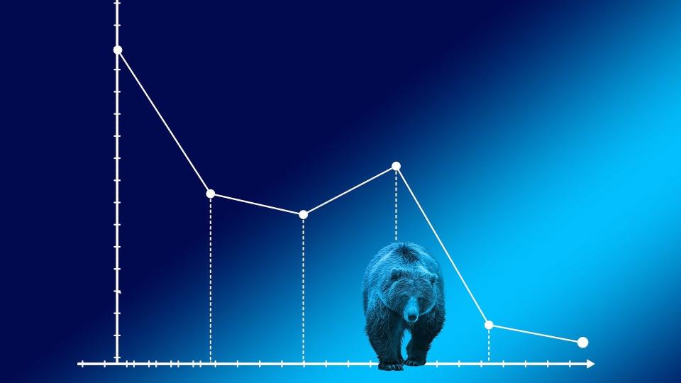 Vor einem fallenden Aktienkur läuft ein Bär im Vordergrund als Verdeutlichung des Bärenmarktes.