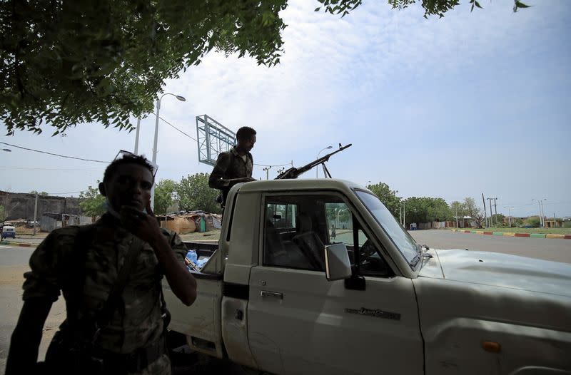 FILE PHOTO: Members of Amhara special forces stand along a street in Humera town,