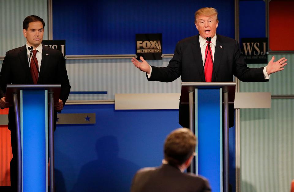 Candidate Donald Trump speaks during the Republican presidential debate sponsored by Fox Business and the Wall Street Journal at the Milwaukee Theatre on November 10, 2015, in Milwaukee, Wis.