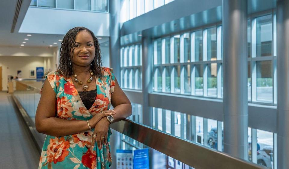 Nicole Smith, a Cardiovascular patient posed inside the Cleveland Clinic, where she was treated back in 2023, in Weston, on Monday April 29, 2024.