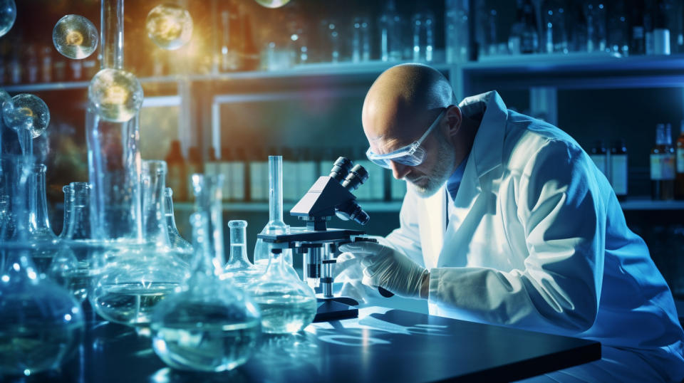 A scientist in a laboratory looking through a microscope, surrounded by petri dishes and beakers while researching new biopharmaceutical advances.