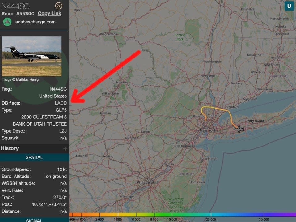 Puma/Jay Z's jet tracked on ADS-B Exchange with LADD indicator.