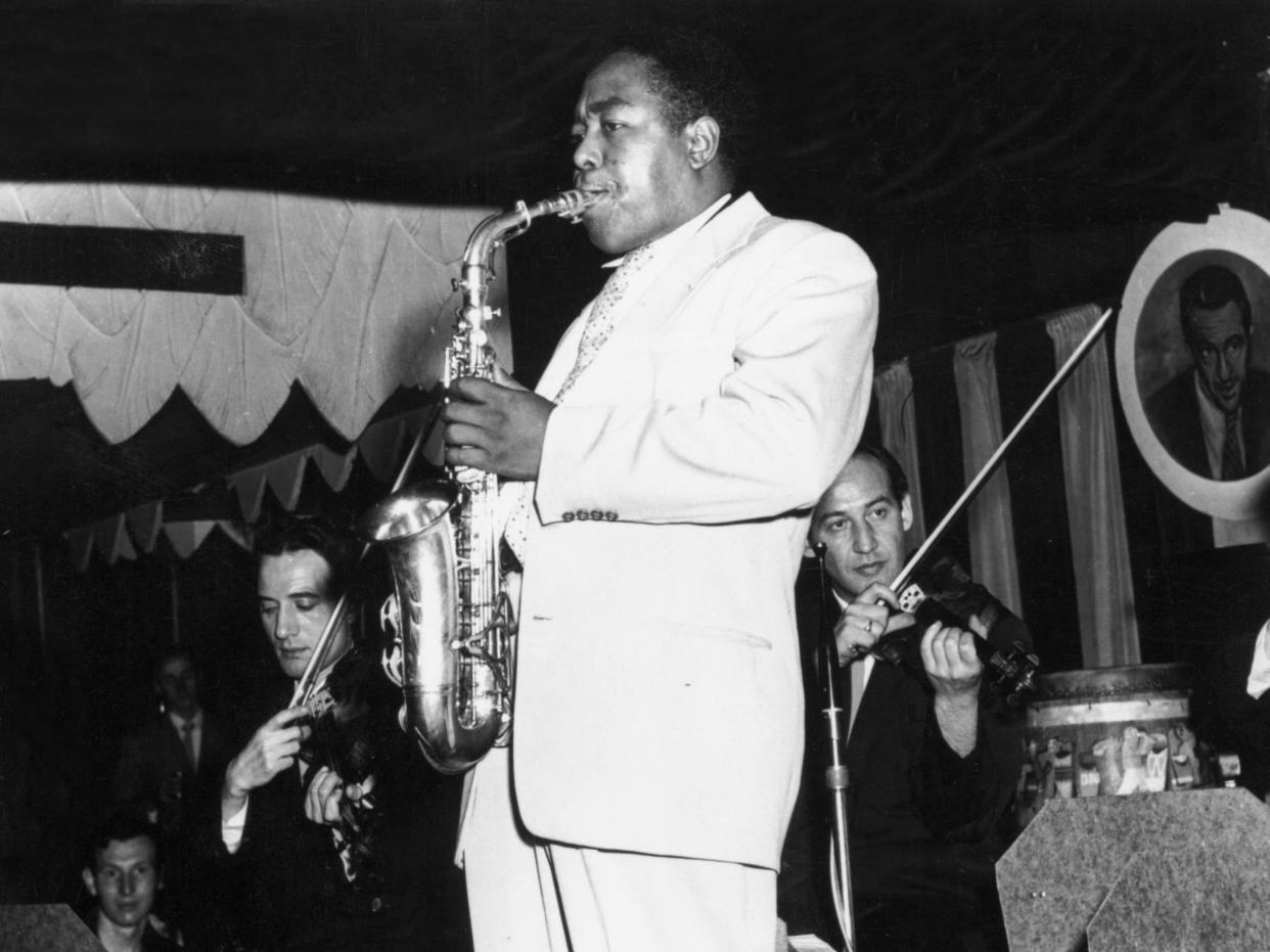 Jazz legend Charlie 'Bird' Parker performs with a band around the time of his 'Charlie Parker with Strings' album: Rex