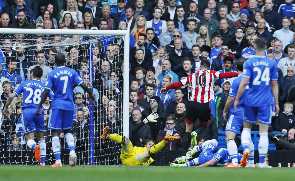 Sunderland's Connor Wickham, no. 10, celebrates scoring against Chelsea during their English Premier League soccer match at the Stamford Bridge ground in London, Saturday April 19, 2014. (AP Photo/Lefteris Pitarakis)