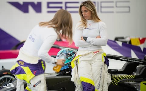 Shea Holbrook (right) of the USA and Alice Powell (left) of GB chat prior to the first race of the W Series - Credit: getty images