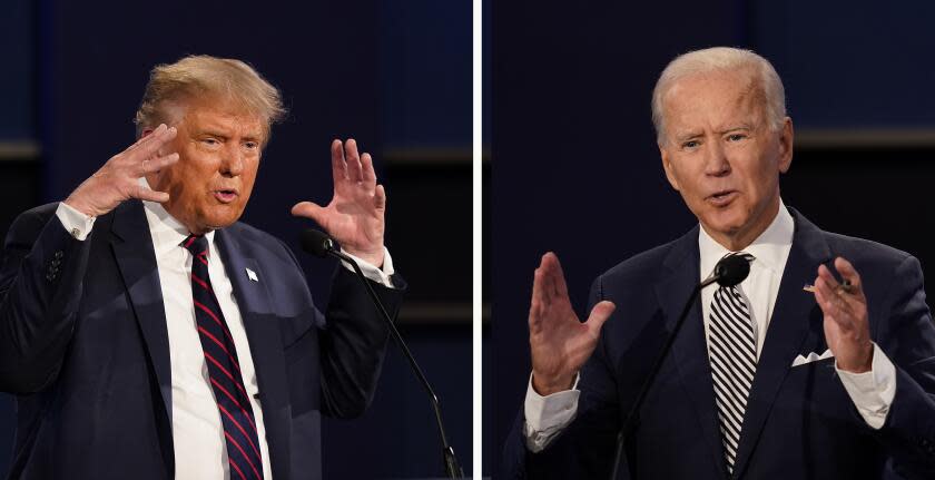 FILE - This combination of Sept. 29, 2020, file photos show President Donald Trump, left, and former Vice President Joe Biden during the first presidential debate at Case Western University and Cleveland Clinic, in Cleveland, Ohio. The Commission on Presidential Debates says the second Trump-Biden debate will be 'virtual' amid concerns about the president's COVID-19. (AP Photo/Patrick Semansky, File)