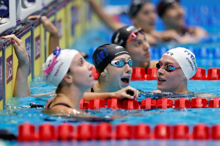 Gretchen Walsh reacts after breaking the 100m butterfly world record in the semi-finals at the US Olympic swimming trials (Sarah Stier)