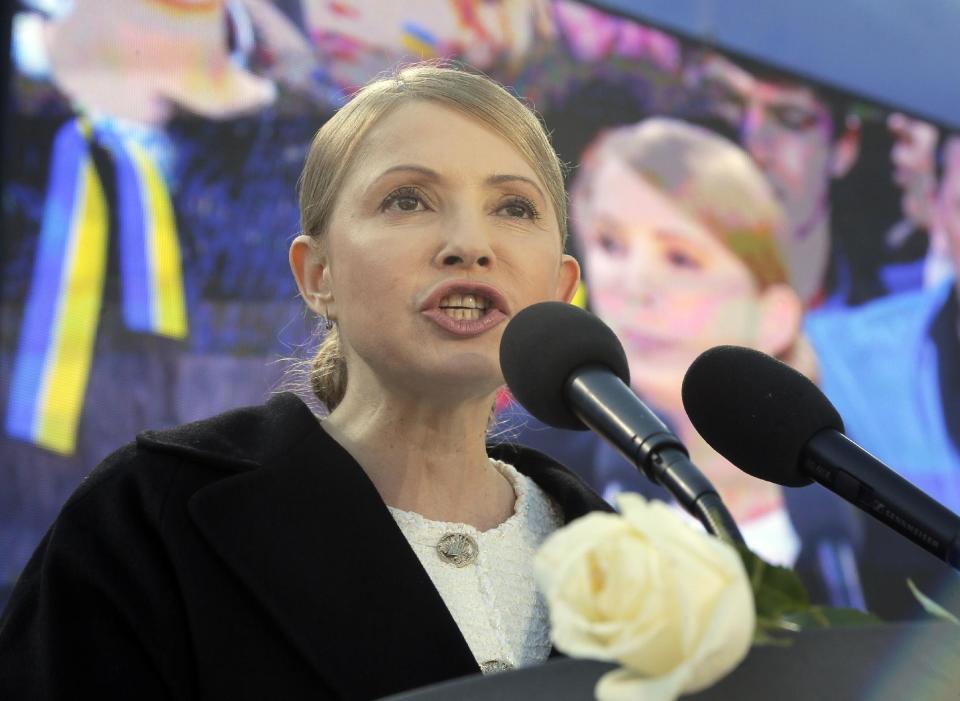 Former Ukrainian Prime Minister Yulia Tymoshenko, delivers her speech, during the Batkivshchina (Fatherland) party congress in Kiev, Ukraine, Saturday, March 29, 2014. Tymoshenko, declared this week that she will "be the candidate of Ukrainian unity." The Kiev mayoral election is also scheduled for May 25. (AP Photo/Efrem Lukatsky)